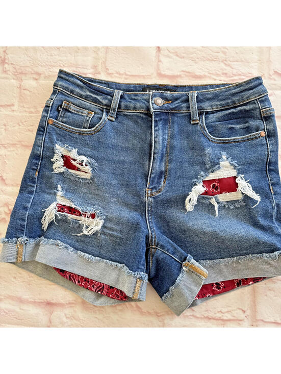 Judy Blue Pants - Judy Blue Cut Off Denim Jean Shorts Red Bandana Pockets L Large NWOT jb150162
